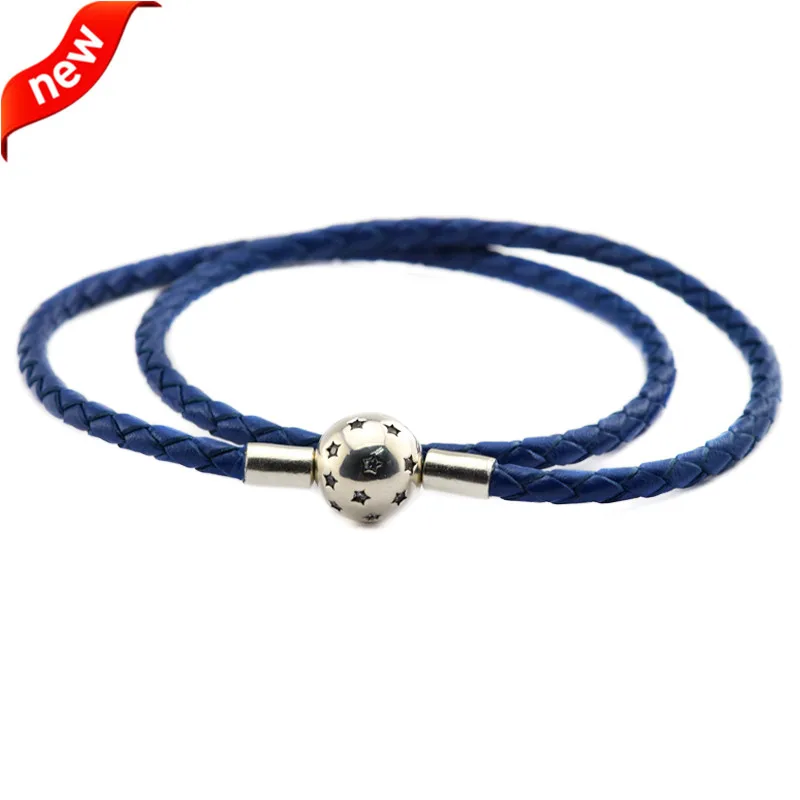 Женский кожаный браслет с бусинами шармами темно синий из серебра 925 пробы