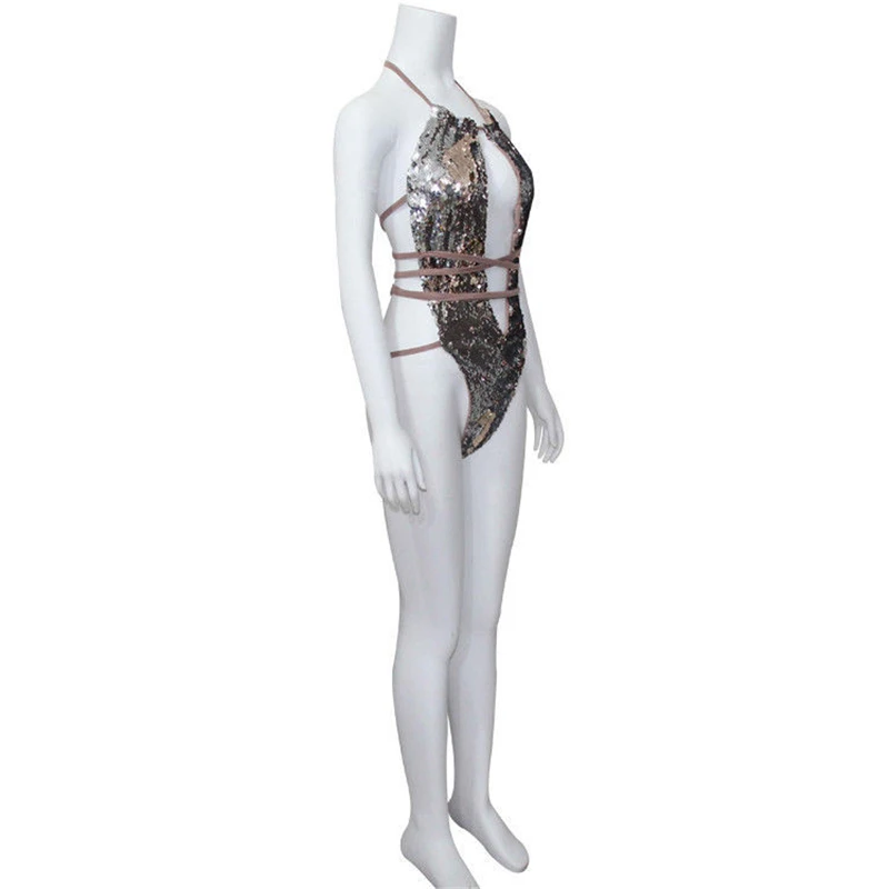 2018 Women One-piece Swimsuit Silver Sequins Lace Up Monokini Hot Sexy Ladies Backless Bathing Suit Bikini One Piece Beachwear | Спорт и