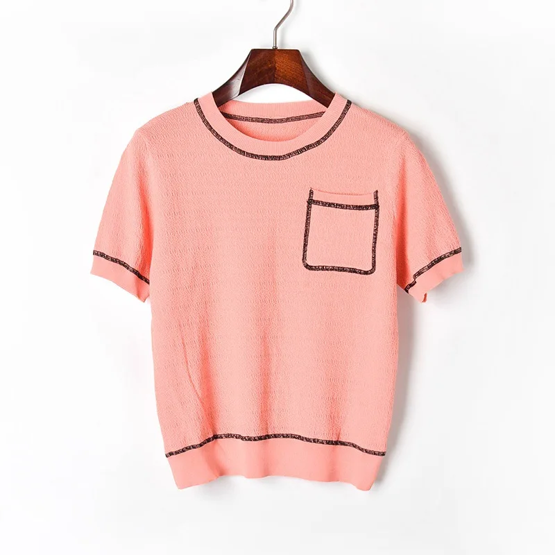 Fashion New 2019 Summer Women's Suits Two pieces Pocket Knitted T-shirt Shorts Feminine Sweet Solid Outfits Pullover Pants Set |