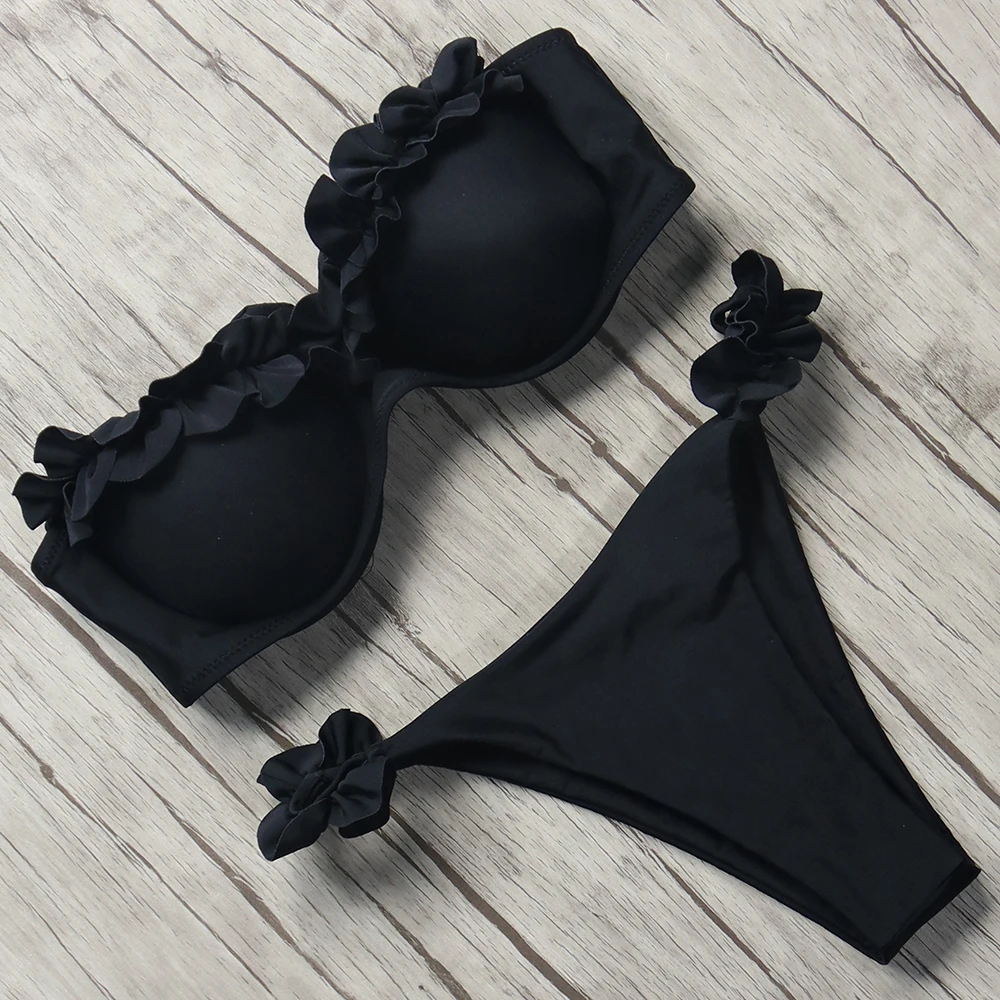 2019 однотонный комплект бикини с бандо купальный костюм пуш ап сексуальная