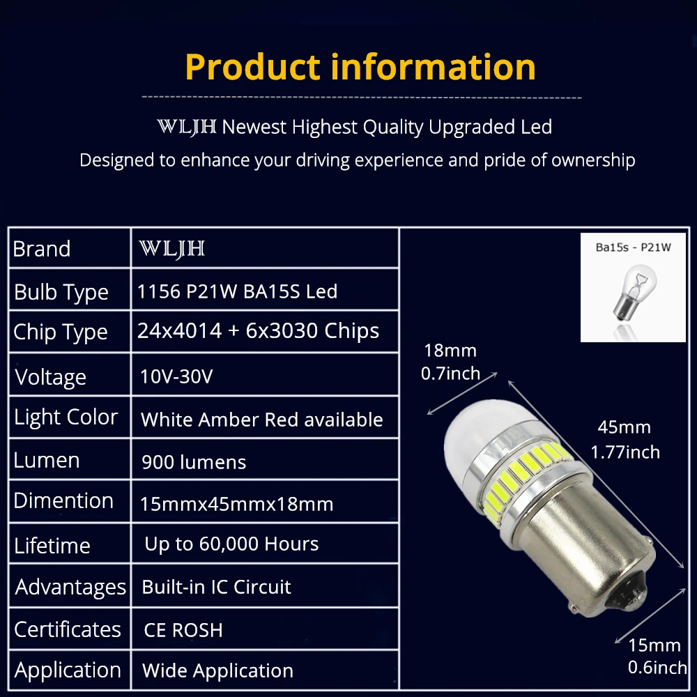 WLJH 2x Высокая мощность Белый Красный Янтарный 1156 7506 P21W BA15S светодиодный 3030 4014 чип