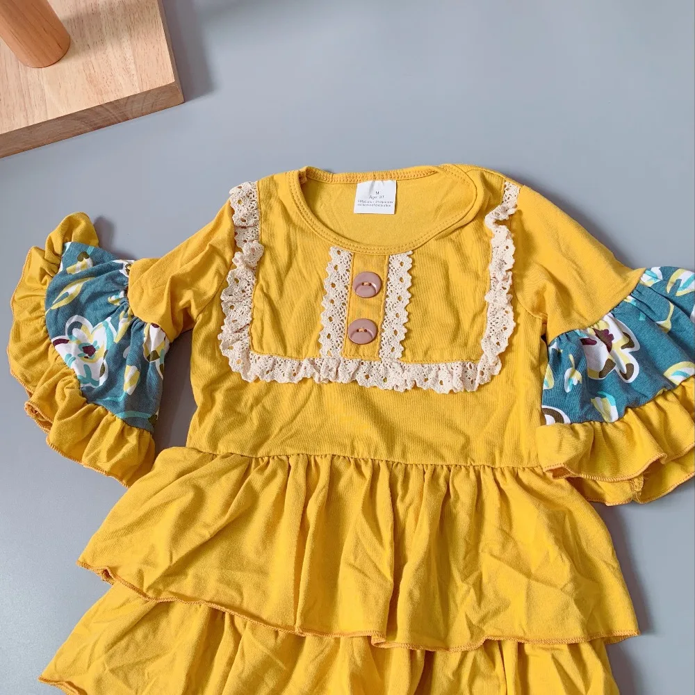 2018 New Mustard yellow dress Girl's Pockets regular clothing A popular dresses for kids cotton ruffled baby girl frocks | Детская