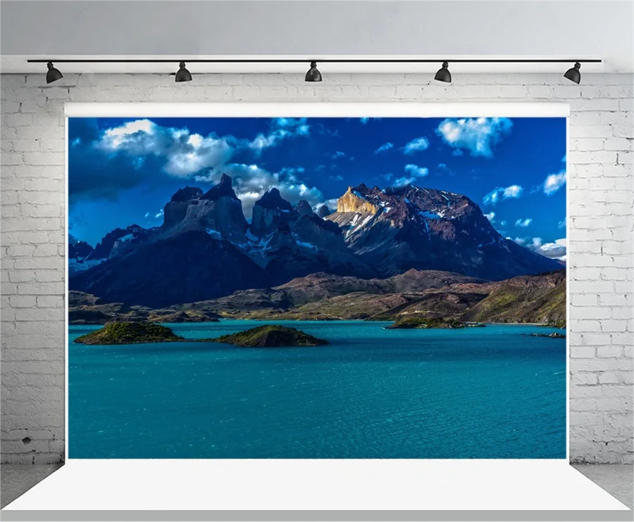 Laeacco пасмурное небо snowmounatins острова море живописные фотографии Фоны Винил Custom