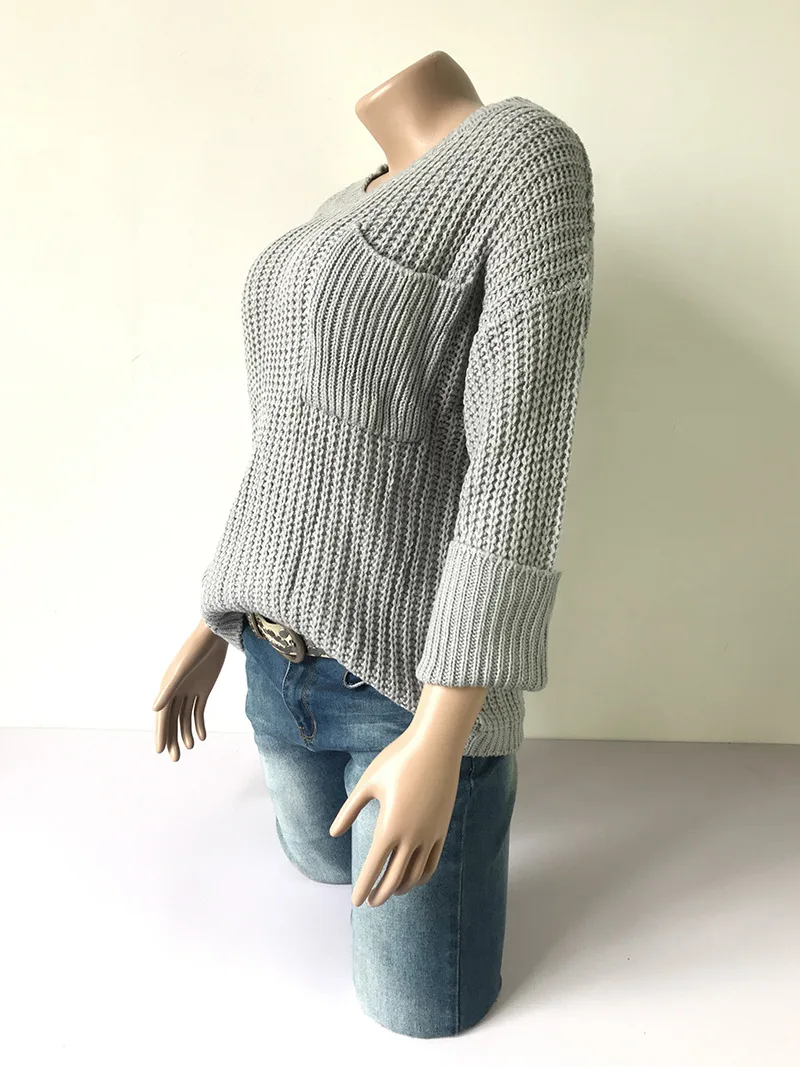 Pocket Loose Sweater and Pullover Autumn Winter Casual Woman O Neck Three Quarter Jumper Grey Black Beige | Женская одежда