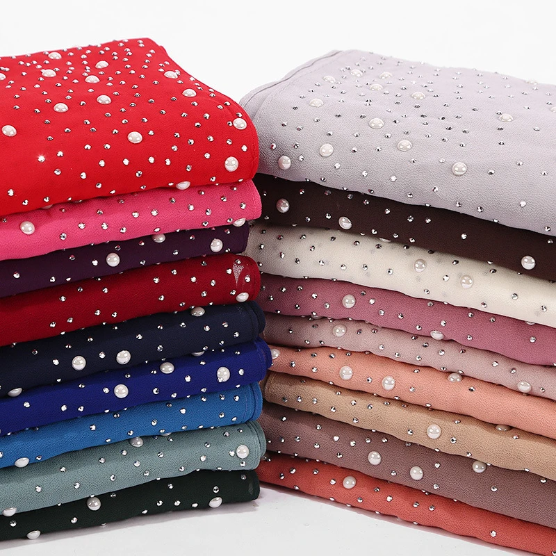 

10pcs/lot Nice Pearl Chiffon Hijab Scarf Women Big Plain Bubble Muslim Hijabs Scarves Shawls Solid Color Headband Shawls