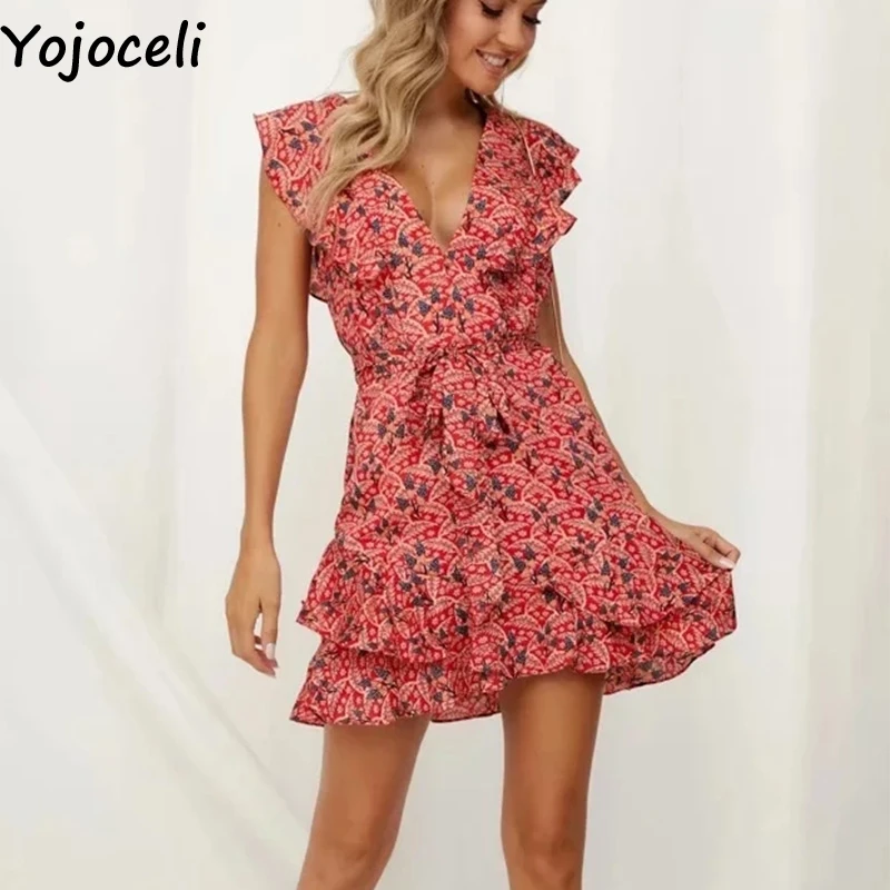 Yojoceli/короткое элегантное платье с рюшами летнее шифоновое поясом и бантом