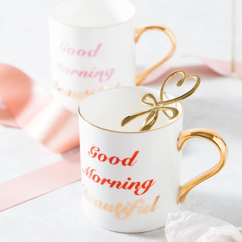 

Upgraded version of bone china golden breakfast cup water cup coffee cup couple on girlfriends cup girl heart mug gift box
