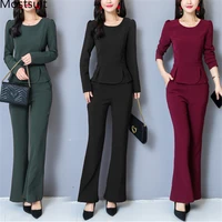 spring two piece sets women plus size long sleeve tunic tops and flare pants sets suits ol style elegant korean womens sets