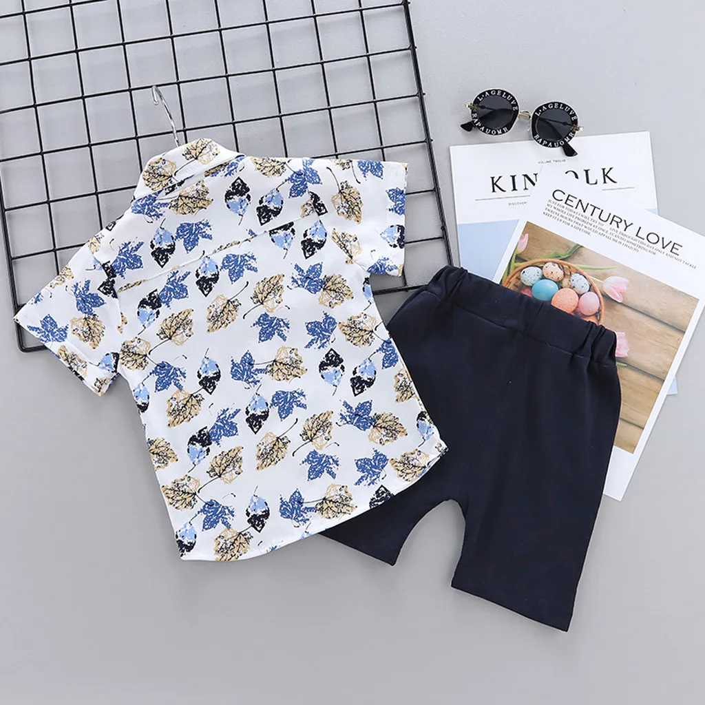 Летняя одежда для мальчиков 2019 рубашка с принтом дерева и листьев + шорты Одежда