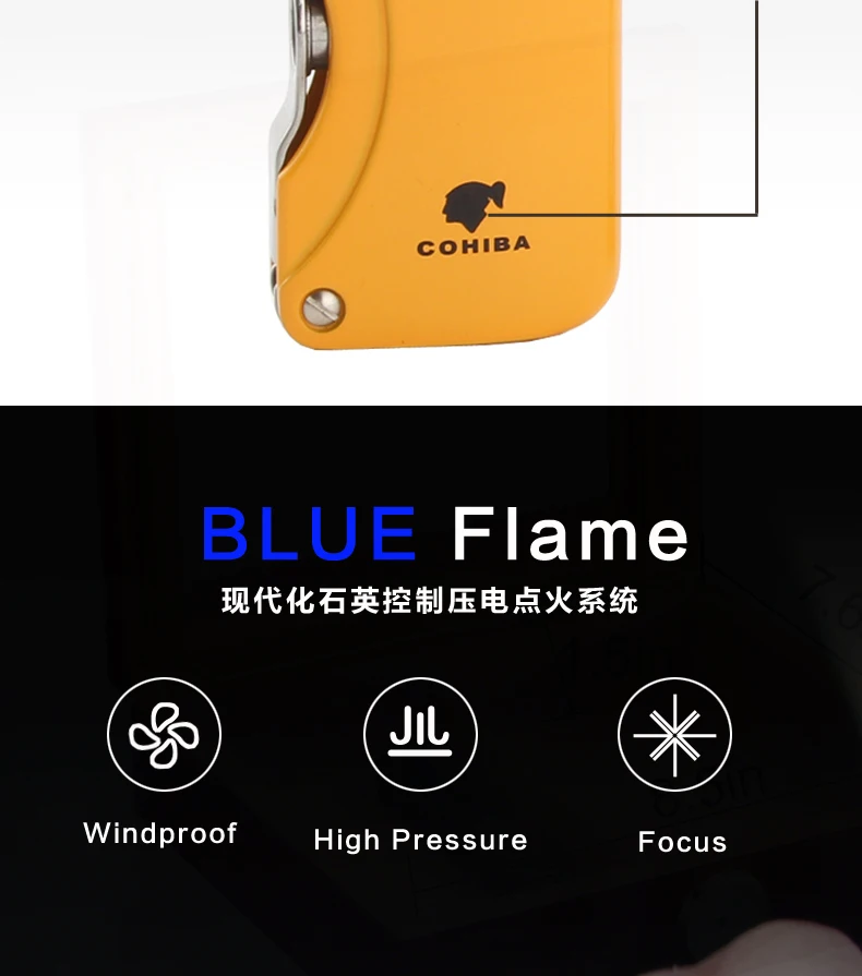 COHIBA зажигалки Металл ветрозащитный легкий газ бутан многоразового фонарь Jet Flame сигарет с питанием от прикуривателя с Встроенный сигары удар