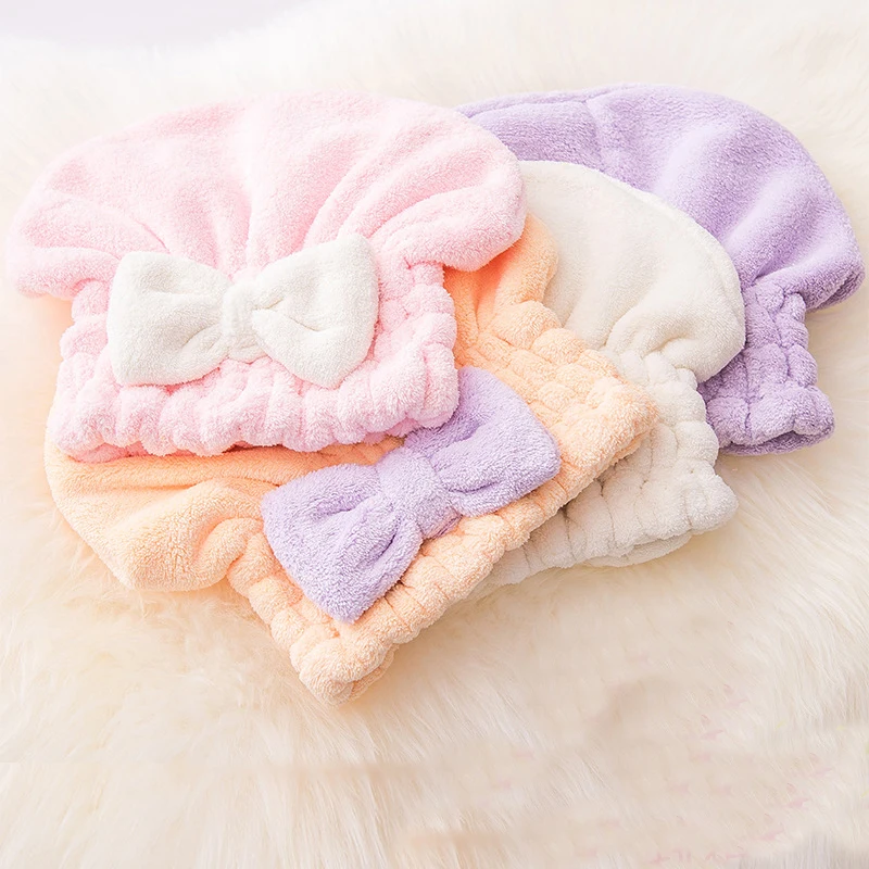 Adult Quick Drying Hair Shower Cap Bath Head Hat Towel Bow tie Women Strong Absorbent Pink Blue seven Colors Bathroom Accessory