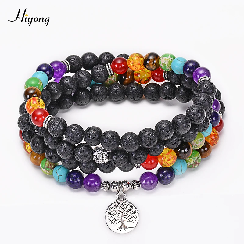 

Fashion 7 Chakra 108 Mala Beads With Life Tree Lotus OM Buddha Yoga Bracelet or Necklace Lava Stone Charm Natural Stone Jewelry