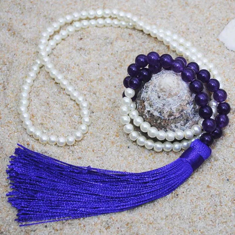 Yumfeel Brand New Long Beaded Tassel Necklace 18 Colors Natural Stone Necklace Women Jewelry Gifts Beach Crystal Quartz - Окраска металла: Amethyst