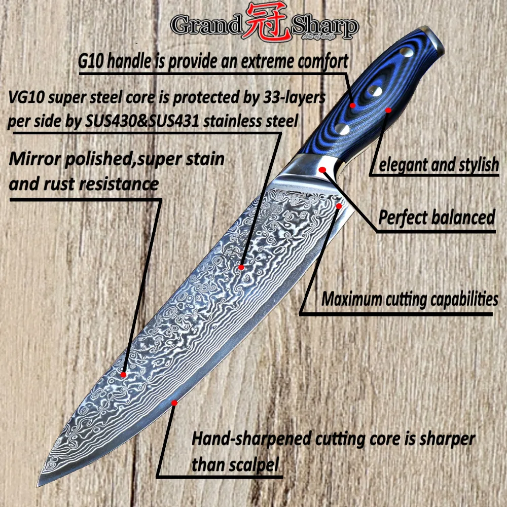 GRANDSHARP нож шеф-повара 8 дюймов японский дамасский нож VG-10 Японский стальной дамасский кухонный нож Кливер PRO лучший Семейный подарок