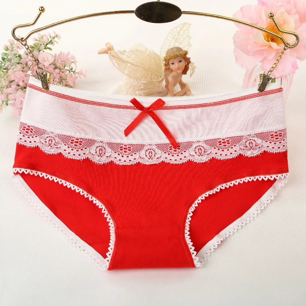 Bright red Новые трусы для женщин, кружевные хлопковые сексуальные трусики, нижнее белье для девушек, одноцветные трусы с галстуком-бабочкой, женские трусики Calcinha - Цвет: Bright red