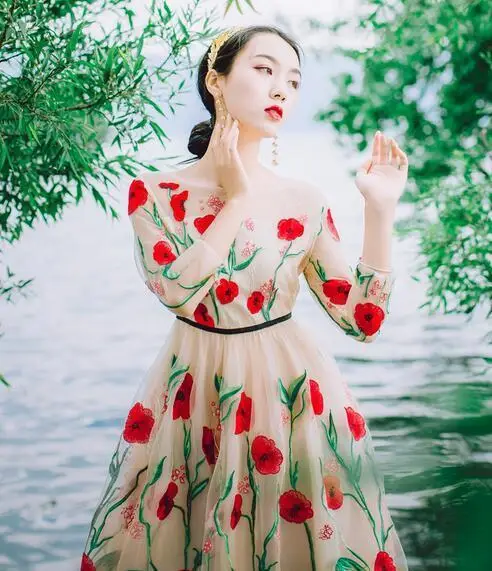 Для женщин Кружева Вышивка Цветочные 3/4 рукава длинное пляжное платье Новый C1356 |