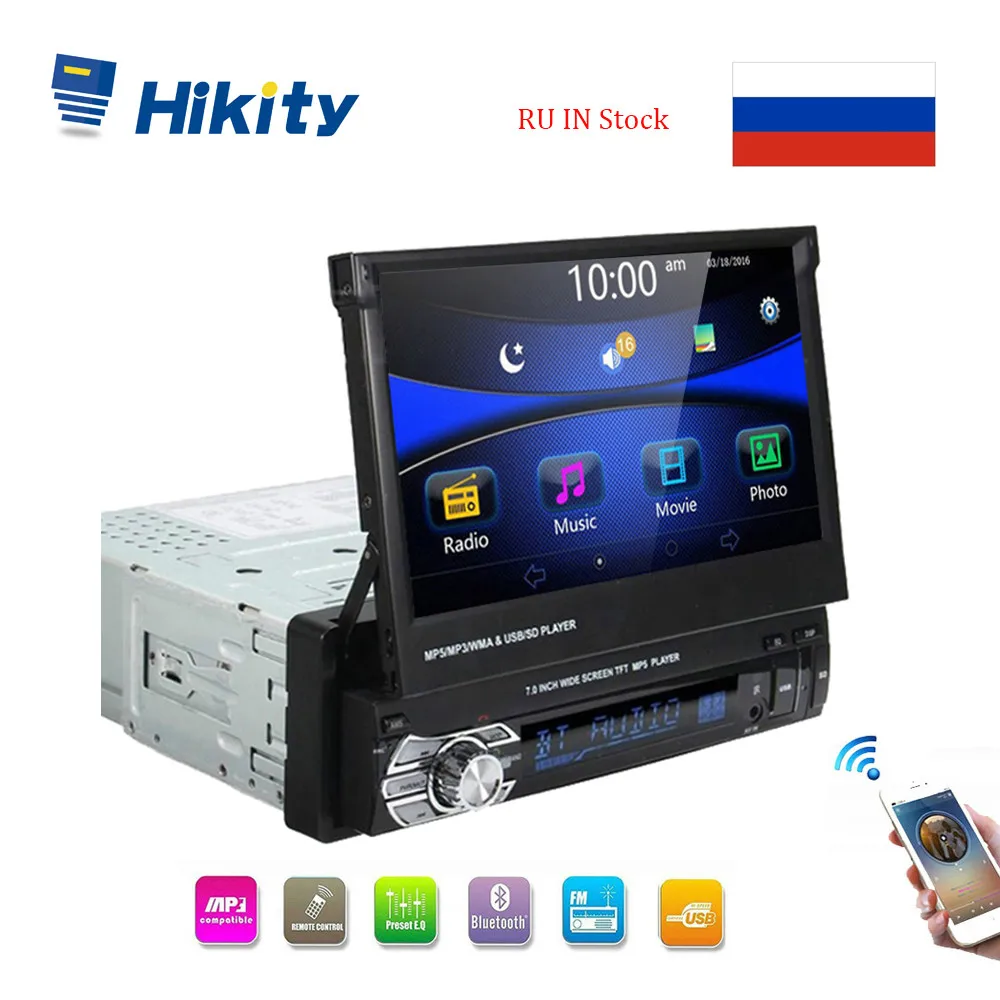 Hikity 1 din Выдвижной Автомобильный Радио MP3 плеер " HD Универсальный автомобильный стерео радио плеер с Bluetooth FM USB поддержка резервная камера