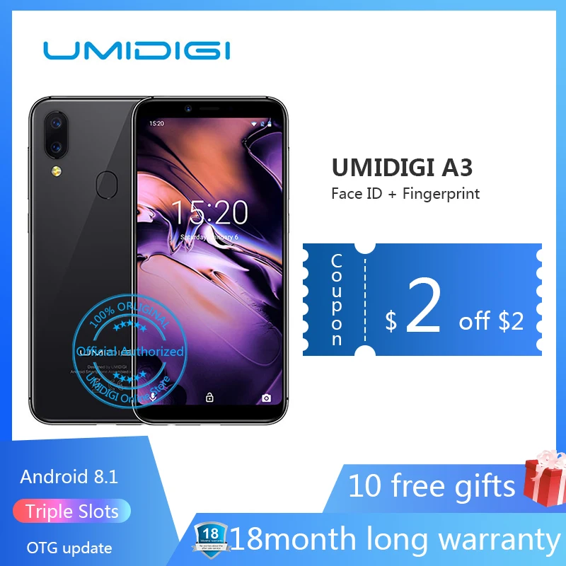 UMIDIGI A3 5 &quotincell HD + дисплей 2 GB 16 смартфон Android 8 1 12MP 5MP лицо двойной 4G мобильный
