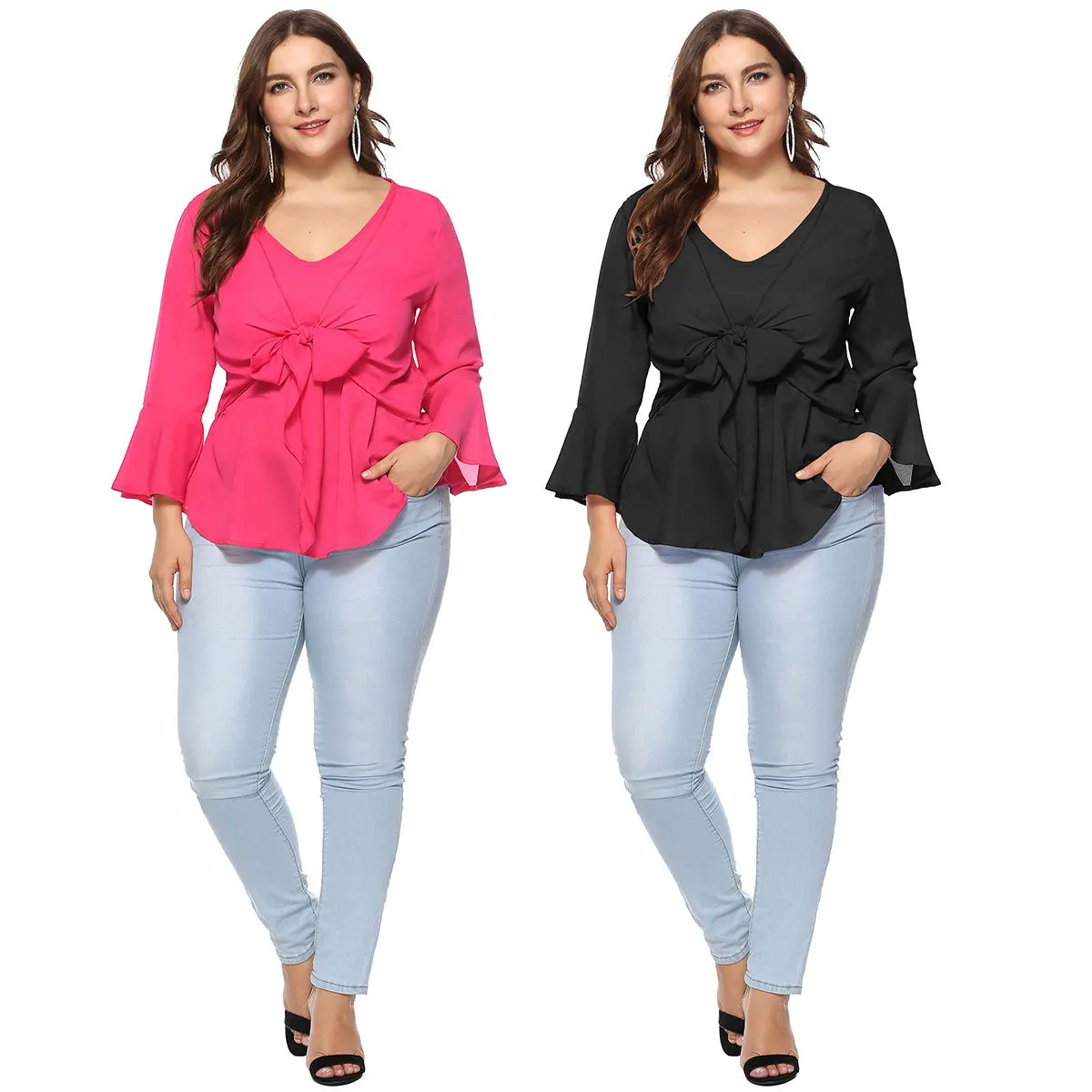 Elegant Charm Casual Natural Bright Women's Large Size Solid Color V-neck Trumpet Ruffled Bow Accessories Chiffon Shirt |