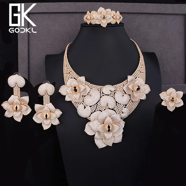 Gold Godki роскошный каннибал цветок кубического циркония нигерийский Свадебный комплекты украшений для женщин Дубай серебряные Ювелирные наборы Ювелирный Комплект в индийском стиле - Окраска металла: Gold