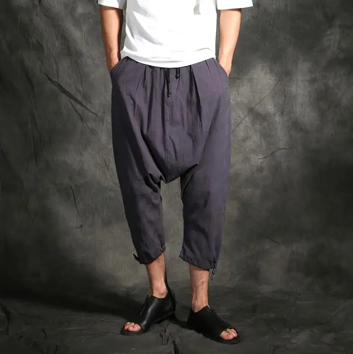 

New summer style men's personality cotton loose Jogger harem pants hair stylist elastic waist linen Big fork pants tide trousers