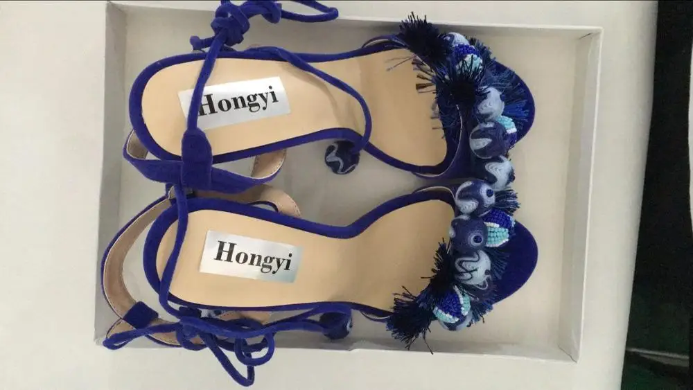 spesifikasi Top Fashion Warna-warni Patchwork Rumbai Wanita Musim Panas Sandal Tumit Tinggi Renda Cut-Out Ankle Tali High Heel Strapp Sepatu Sandal
