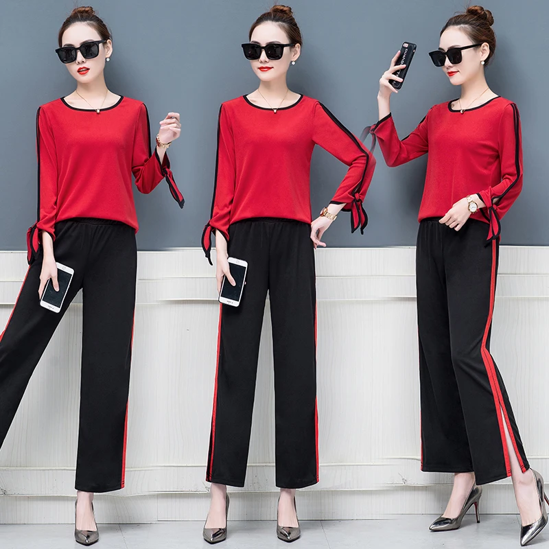 Женский трикотажный Костюм двойка в Корейском стиле свитер с широкими штанинами