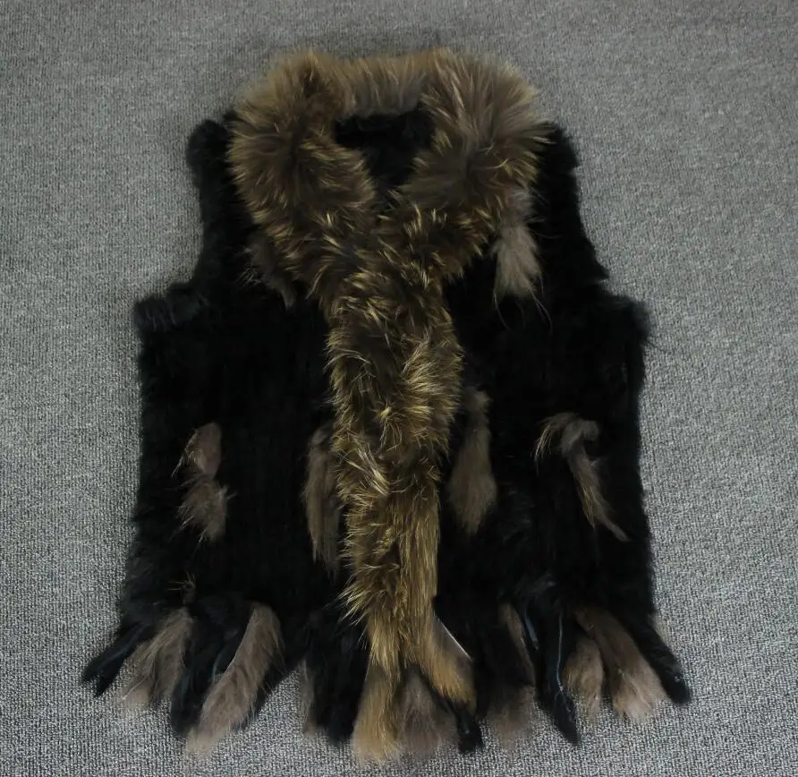 black khaki Новые женские из натуральной кожи из натуральной меховой жилет из меха кролика с отделка мехом енота жилет На зимнем меху куртка harppihop мех - Цвет: black khaki