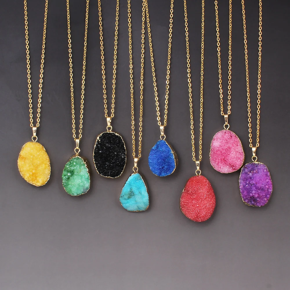 

2017 Druzy Natural Stone Necklace Classic Crystal Pendant Necklaces Irregular Druzy Lava Quartz Women Collares
