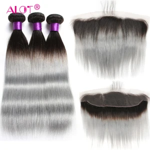 Пряди человеческих волос T1B, серые, бразильские, прямые, с эффектом омбре, на фронтальной сетке, 6 цветов на выбор