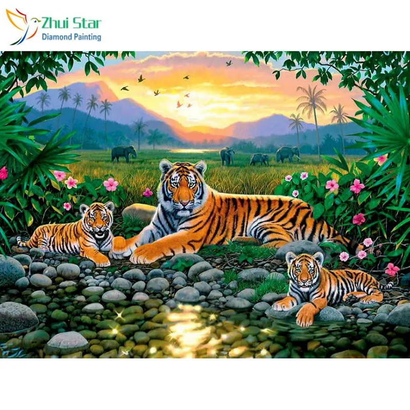 

Zhui Star 5D DIY full Square drill Diamond painting Cross stitch Tiger family Rhinestone embroidery Mosaic decor gift