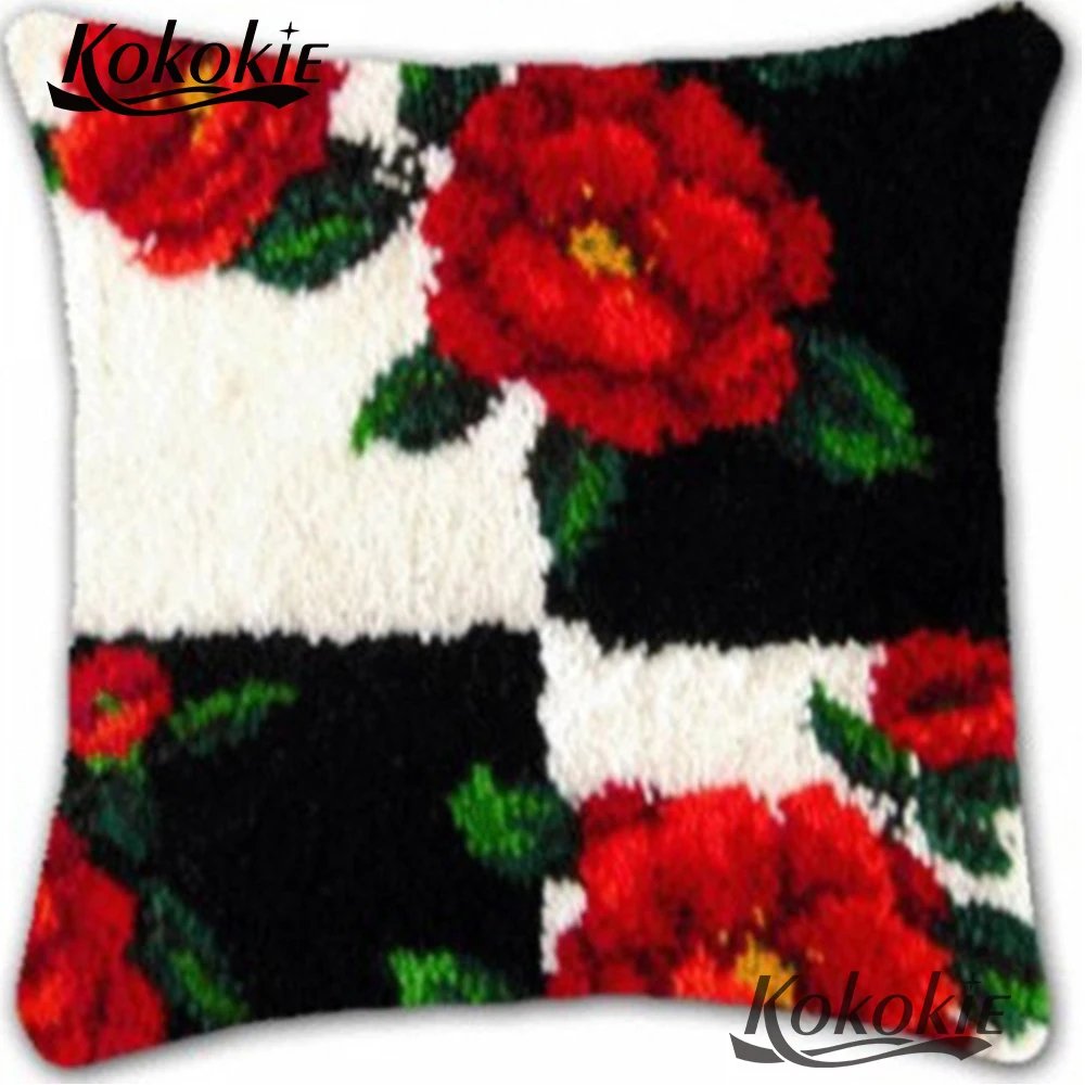 

3d flower printed carpet Needlework Crocheting Throw Pillow Unfinished Yarn Embroidery Pillowcase Latch Hook Cushion Kits