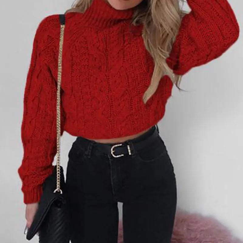 2019 осенний вязаный свитер женский с высоким воротником Зимний пуловер Короткий