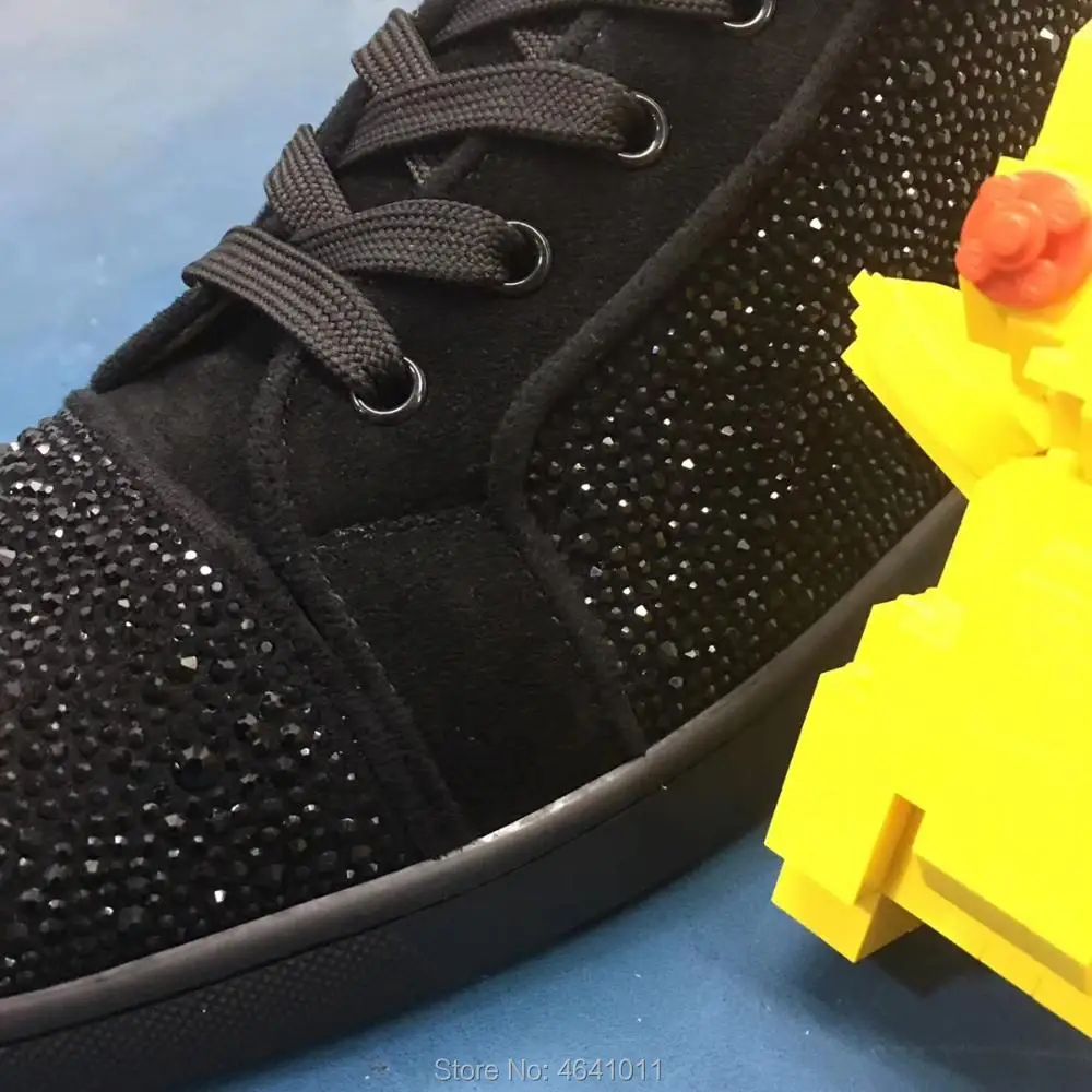 High Cut Leisure shoes cl andgz Lace Up Black Swarovski Rhinestone diamond Red bottom For men shoe sneakers Leather Flat Loafers