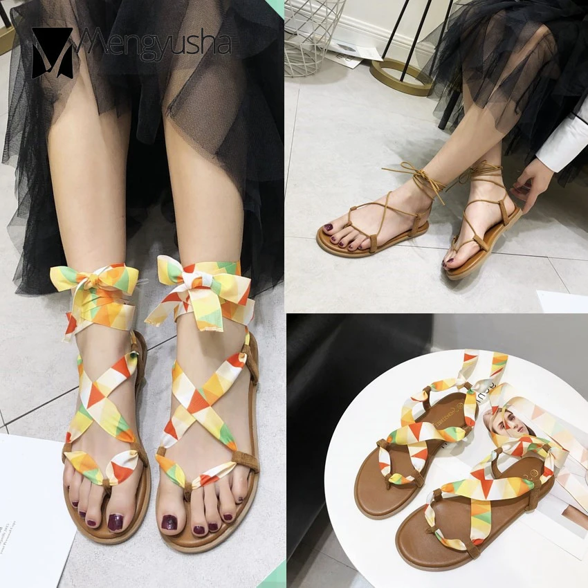 Сандалии женские пляжные радужные/клетчатые на шнуровке босоножки гладиаторы с