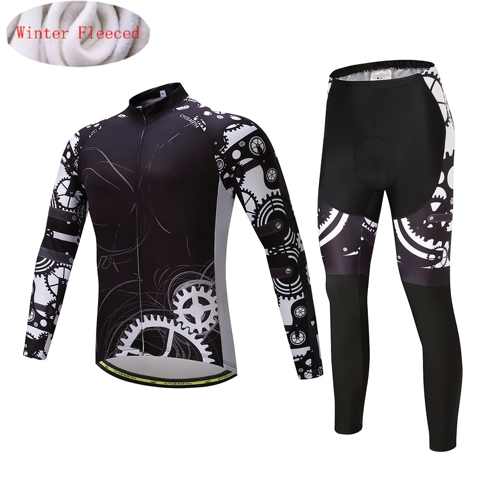 fleece set Зимний комплект одежды для велоспорта из теплого флиса, CYCEARTH, Мужская теплая трикотажная куртка, одежда велосипедная нагрудник, брюки, Maillot Ropa Ciclismo - Цвет: fleece set