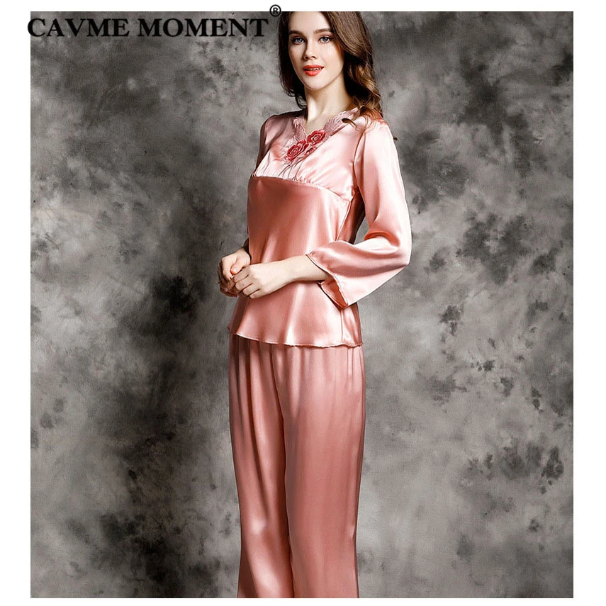 CAVME 2019 Luxury Plus Size Silk Pajama Sets for Women Ladies Payama Set Solid Color V-Neck 2 Pieces Homewear Sleepwear