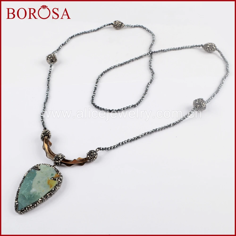 BOROSA 3PCS Rhinestone Pave Arrowhead Jaspers Pendant Necklace Drusy Long Black Beads 36'' for Women Wholesale JAB910 | Украшения и