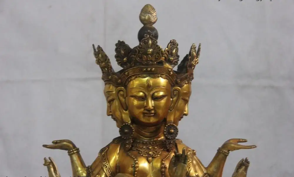 Китайская медная бронзовая позолота буддизм три лица восемь рук Kwan-yin статуя