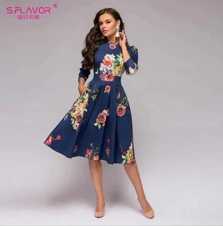 Blue S. FLAVOR винтажное женское платье трапециевидной формы с цветочным принтом в морском стиле, элегантные вечерние платья с круглым вырезом и рукавом 3/4, весеннее Повседневное платье - Цвет: Blue