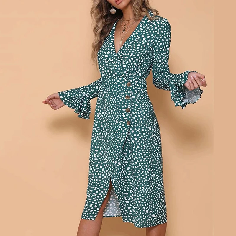 Женское винтажное платье с длинным рукавом и v образным вырезом повседневное