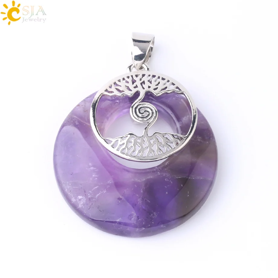 Amethyst CSJA круглый натуральный камень кулон для ожерелья Два Древа Жизни Кристалл ювелирные изделия фиолетовый кварц Лазурит подарки подруге F839 - Окраска металла: Amethyst
