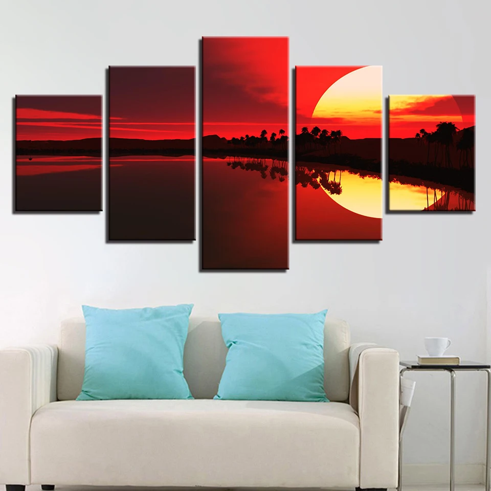 5 шт. декоративные настенные картины с изображением красного неба озера леса