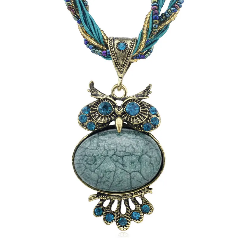 Bohemia Stunning Crystal Owl Chunky Gem Bronze Rope Chain Pendant Clavicle Glass Beads Necklace Free Shipping B040 | Украшения и