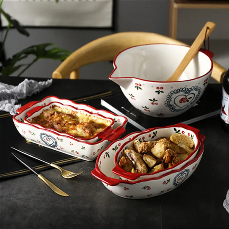 KINGLANG Cherry rectangular baking dish oven home ceramics binaille cheese risotto Italian lasagna |