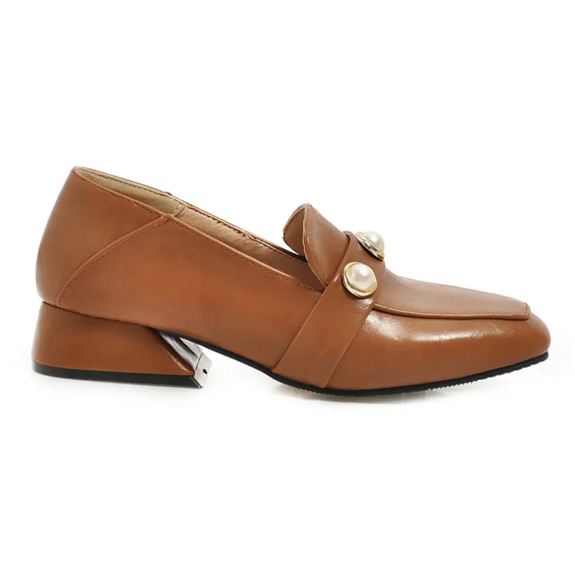 Классические женские лоферы с жемчугом на низком блочном каблуке 3 см Мокасины