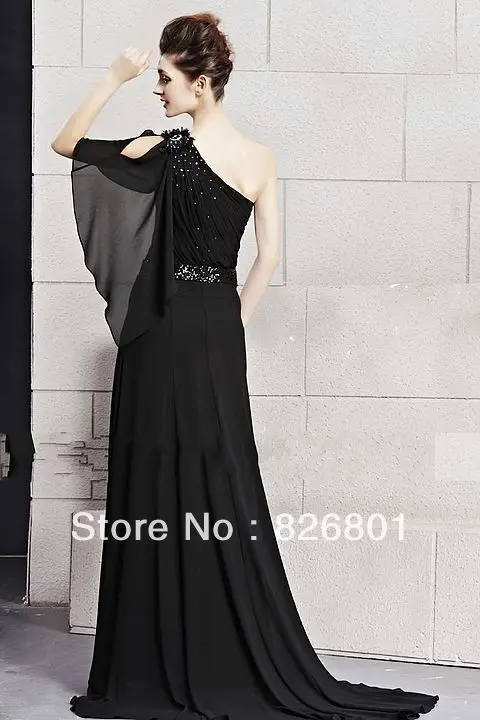 Free Shipping New Arrival Custom Made!A-line Beaded One Shoulder black Elegant Long Chiffon Evening Dresses Formal | Свадьбы и