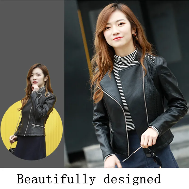 Женская мотоциклетная куртка из искусственной кожи с заклепками в стиле панк