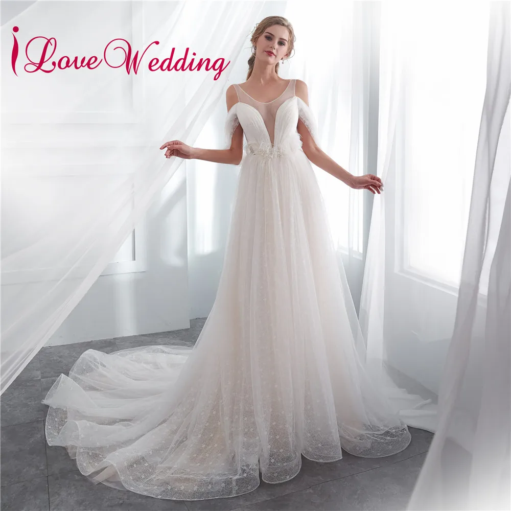 Романтический Vestido de Noiva ТРАПЕЦИЕВИДНОЕ свадебное платье прозрачное украшенное