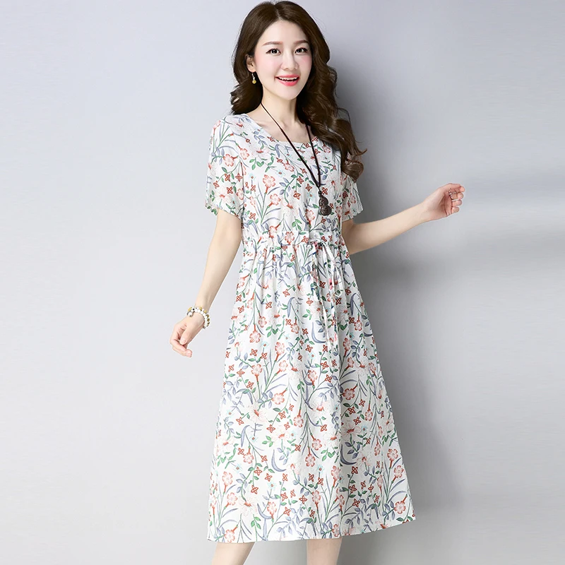 

Mori Girl 2020 New Summer Dress Loose Large Size Printing Short Sleeve Cotton Linen Women Dress Elastic Waist Vestidos Robe